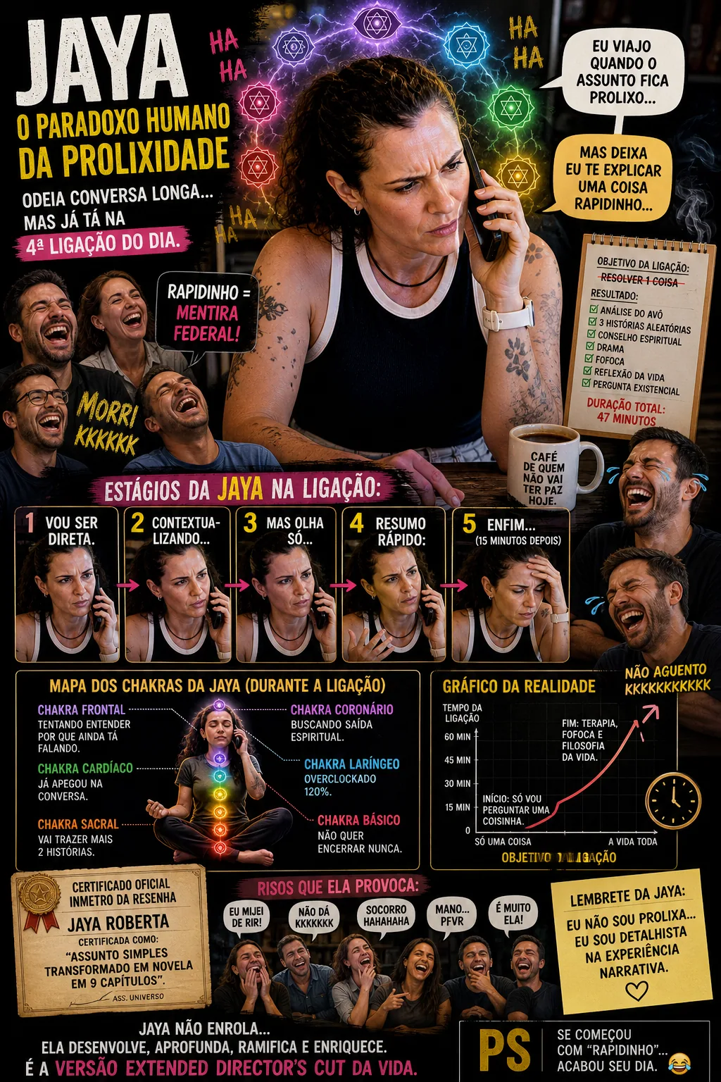 Montagem humorística: “Jaya, o paradoxo humano da prolixidade”, mulher ao telefone e gráficos sobre ligação longa. — "Só vou tomar um levinho..." — Ligia, 20:47. Moral da história: Floripa prepara,