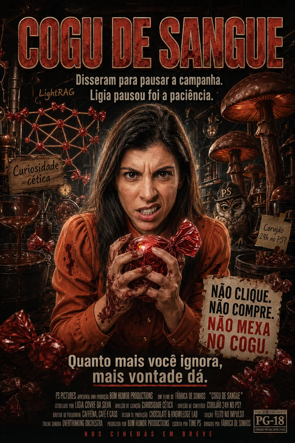 Pôster “Cogu de Sangue”: mulher segura doce vermelho; alerta “Não clique. Não compre. Não mexa no cogu”. — O filme sobre a busca pelo sentido da vida. E da caloria.