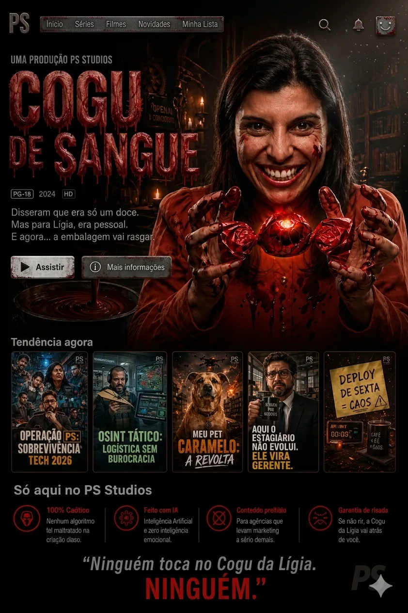 Mockup Netflix segunda versão — Ninguém toca no Cogu da Ligia. NINGUÉM. Operação PS, OSINT Tático, Meu Pet Caram