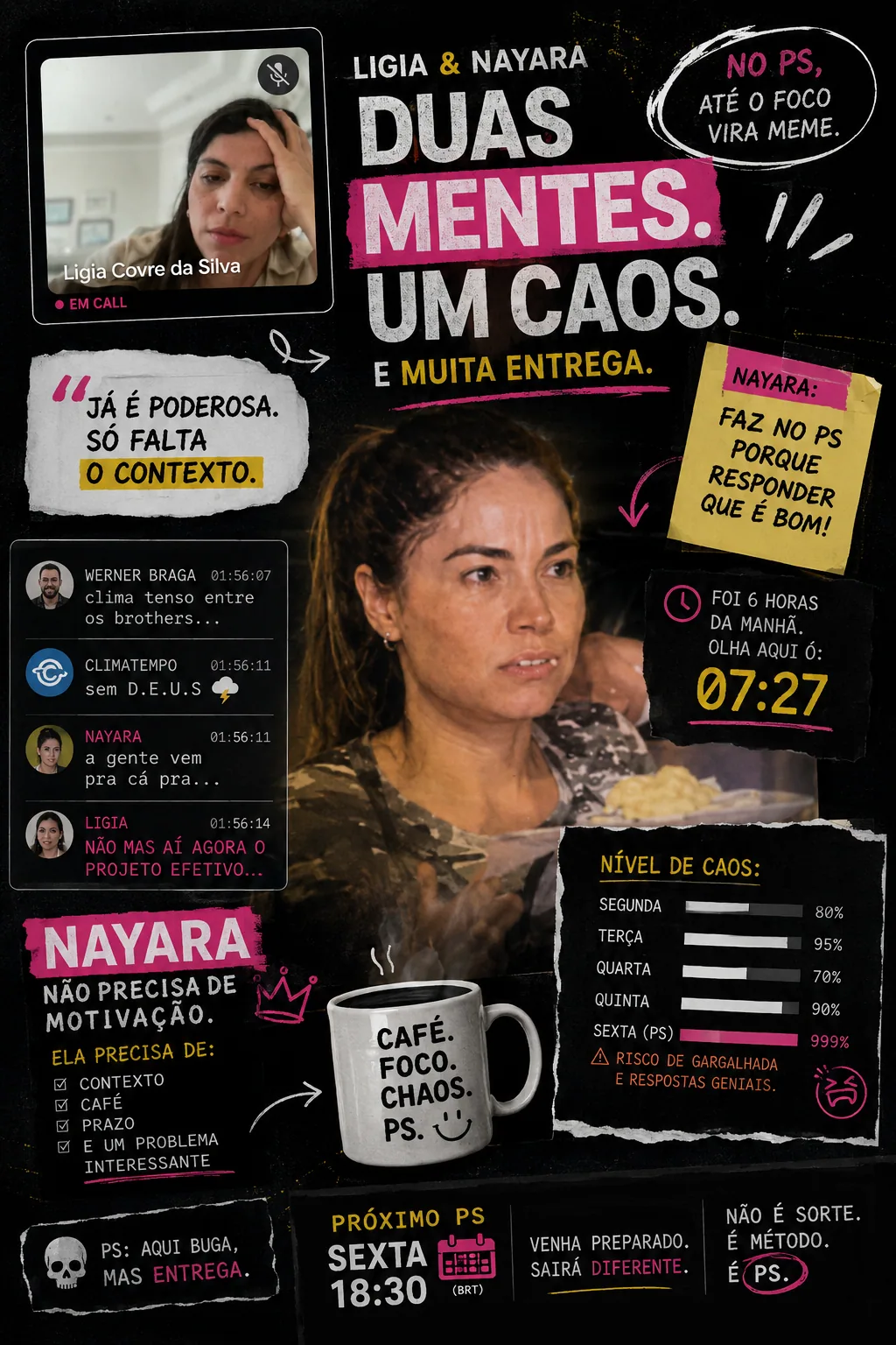 Montagem meme com Ligia e Nayara: “Duas mentes. Um caos. E muita entrega.” — Quando o riso vira eclipse. Ligia como a lua que ninguém ignora.