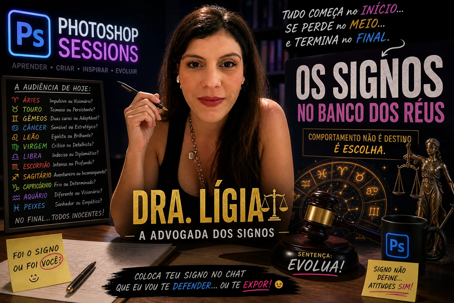 Arte de Photoshop Sessions com advogada e texto “Os signos no banco dos réus”; quadro lista signos. — Edição colecionador. Mini-Ligia com mini-cogu. Item de série limitada da Fábrica