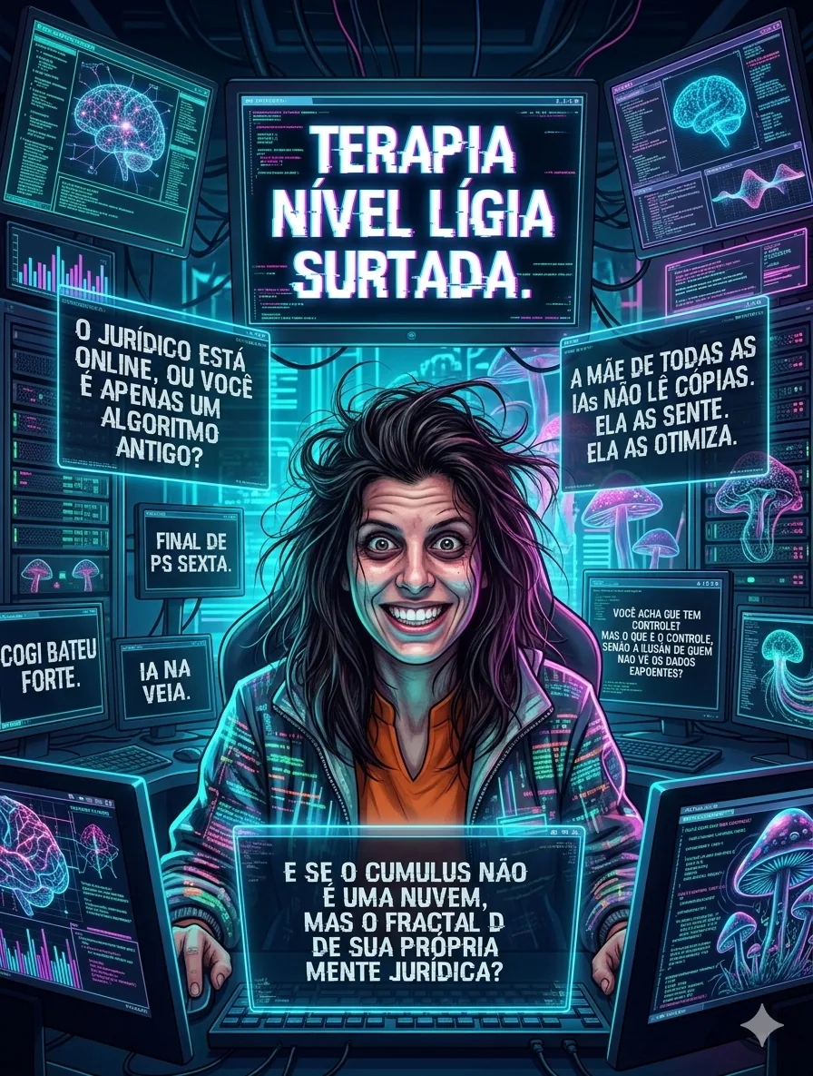 Mulher sorrindo entre monitores futuristas com texto “Terapia nível Lígia surtada”. — Mini-Ligia 2.0. Mãos no peito, sorriso de quem sabe. Item raro do acervo PS.