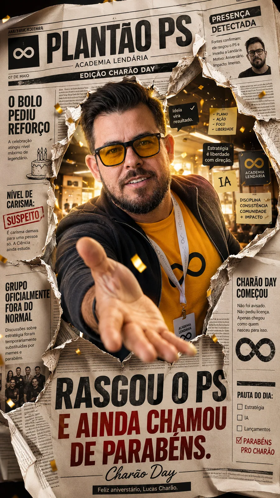 Pôster de jornal rasgado com homem de óculos amarelos estendendo a mão e textos sobre Plantão PS. — Arte de aniversário em estilo jornal, com humor de comunidade.