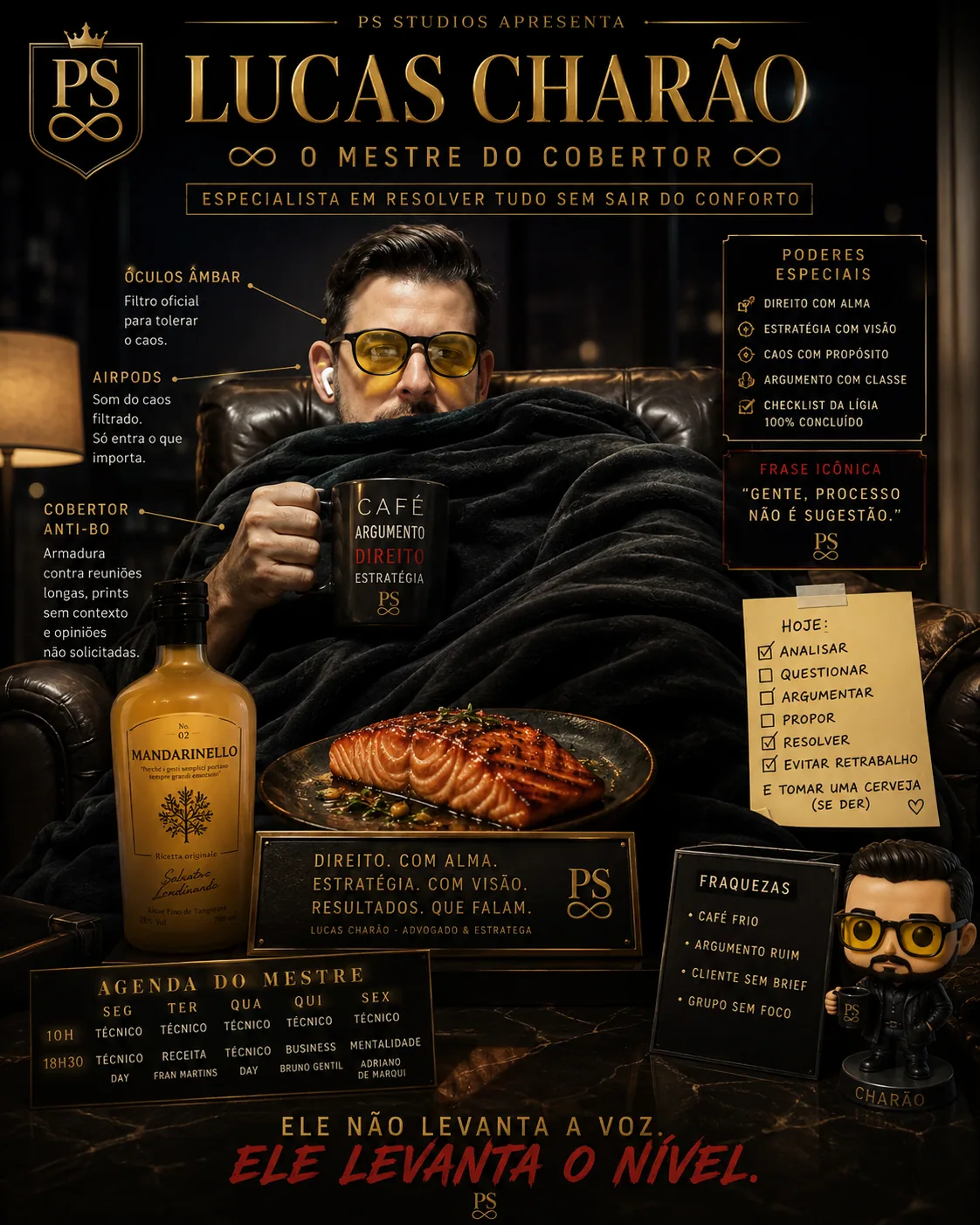 Pôster de Lucas Charão em poltrona, com cobertor, caneca, óculos âmbar, salmão, agenda e listas ao redor. — Arte promocional em tom épico e humorístico sobre Lucas Charão.