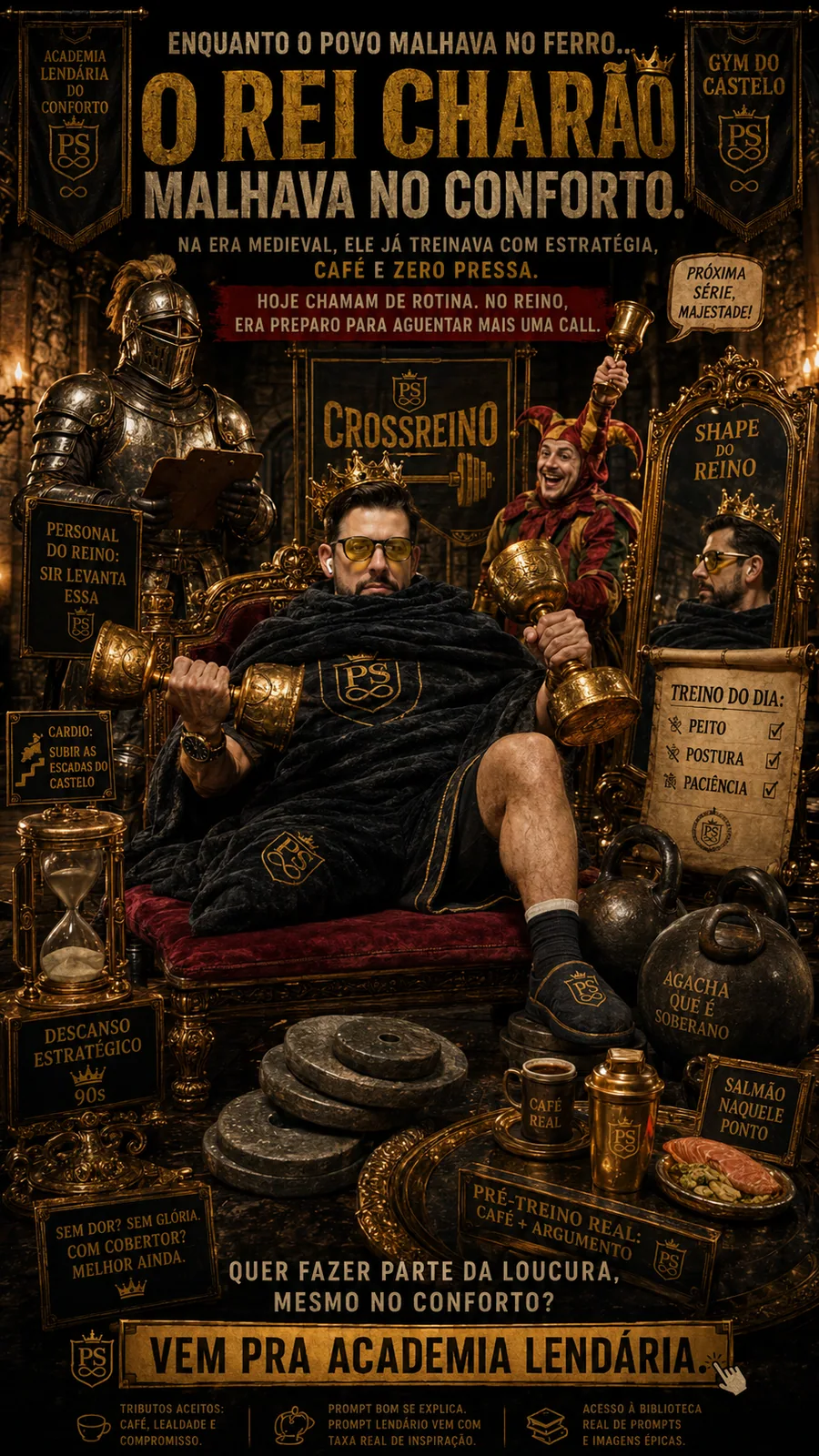 Pôster medieval de academia com homem no trono segurando halteres, armadura, ouro e textos sobre treino. — Humor visual mistura realeza medieval, conforto e rotina de treino.