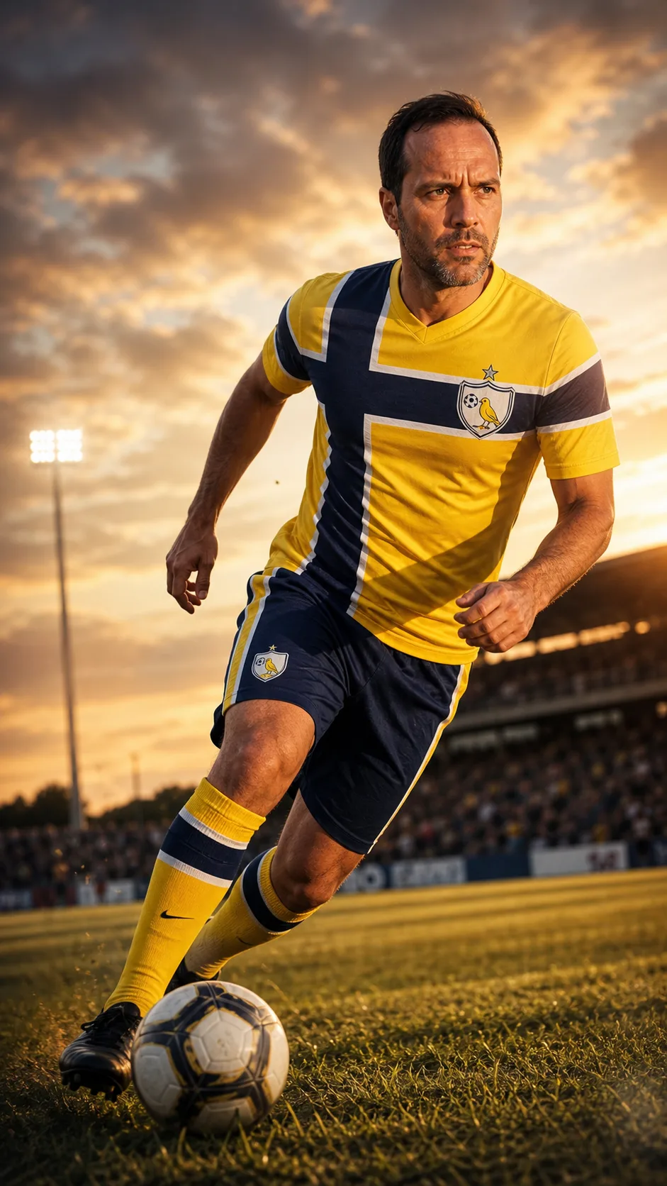 Marcus Palucci em ação com a bola dominada, ângulo baixo, uniforme do time — Bola dominada no ângulo baixo — a mesma pegada de quem instala o stack cinco vez