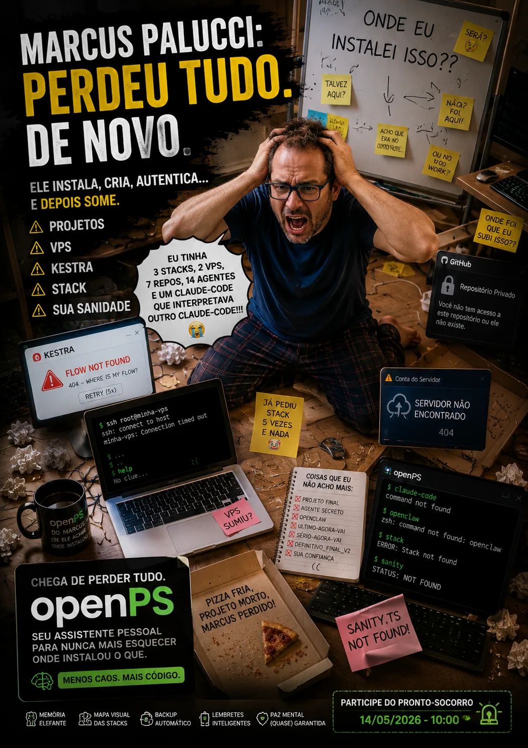 Meme do Marcus sobre instalação: "instalei? talvez. instala de novo." em arte de plantão do PS — Filosofia Palucci de DevOps: instalei? Talvez. Instala de novo. Memória a 98%, f