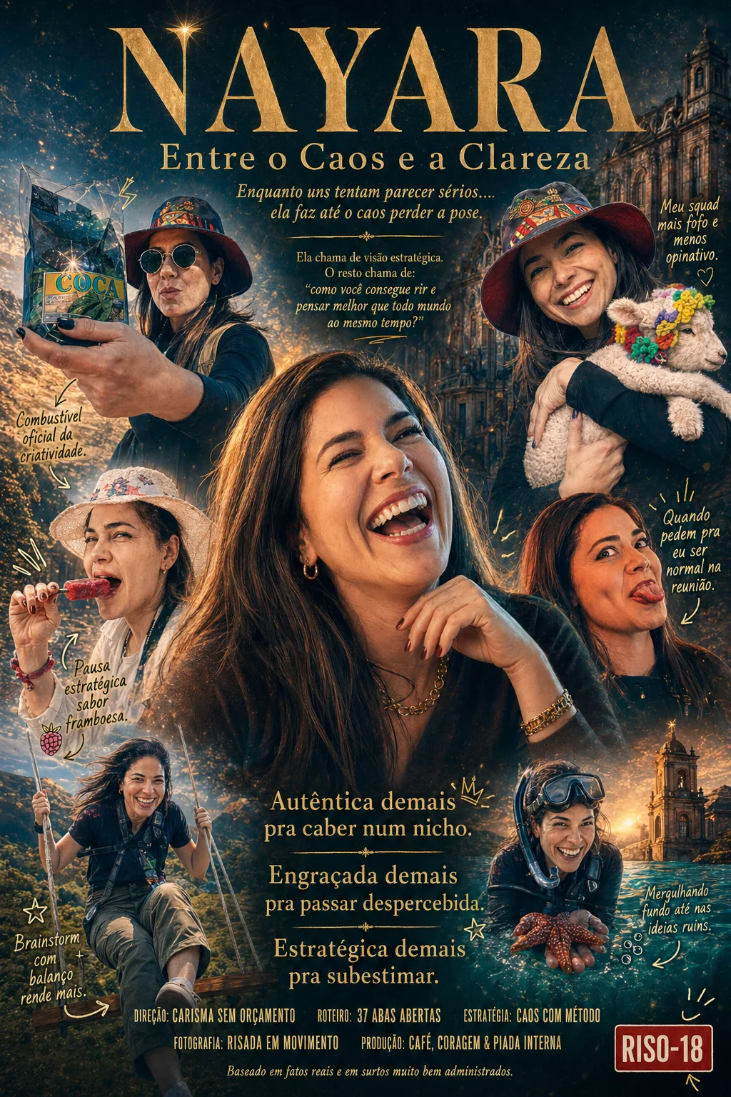 Pôster “NAYARA: Entre o Caos e a Clareza” com colagem de mulher sorrindo em cenas criativas.