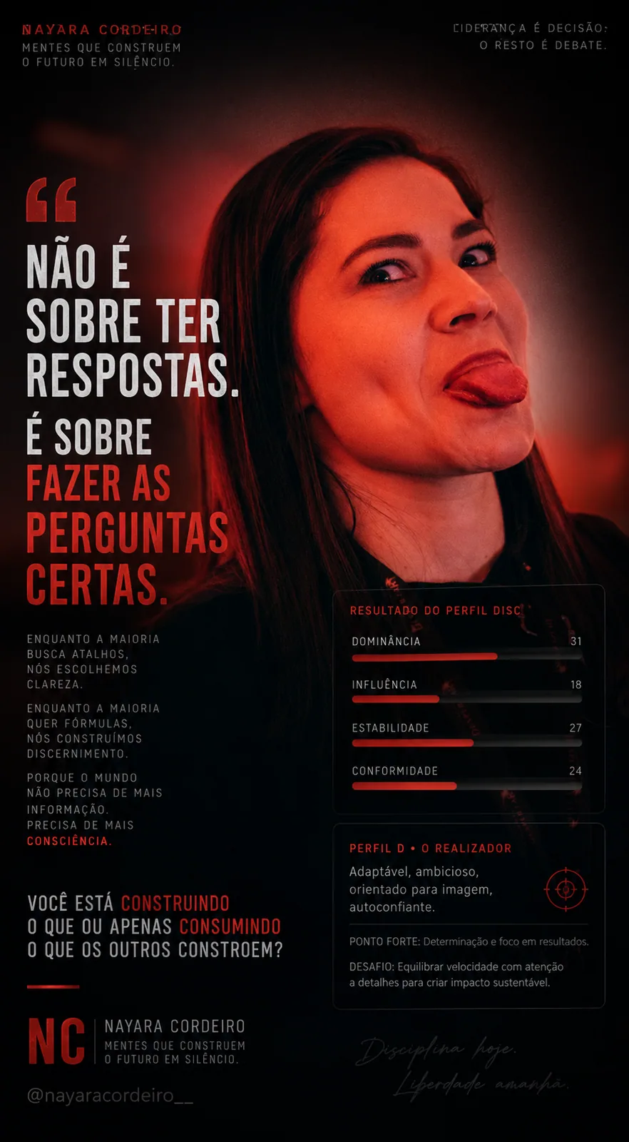 Retrato em tons vermelhos com texto: “Não é sobre ter respostas. É sobre fazer as perguntas certas.” — Dominância 31, paciência opcional. Não é sobre ter respostas — é a língua de que