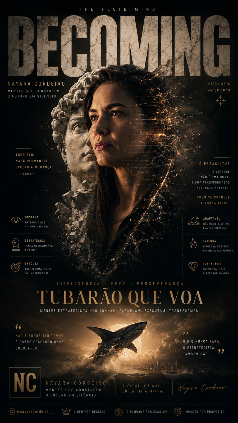 Pôster escuro com rosto feminino, busto clássico, título “BECOMING” e texto “Tubarão que voa”. — BECOMING: o documentário do tubarão que voa. Nayara em modo lenda clássica, bust