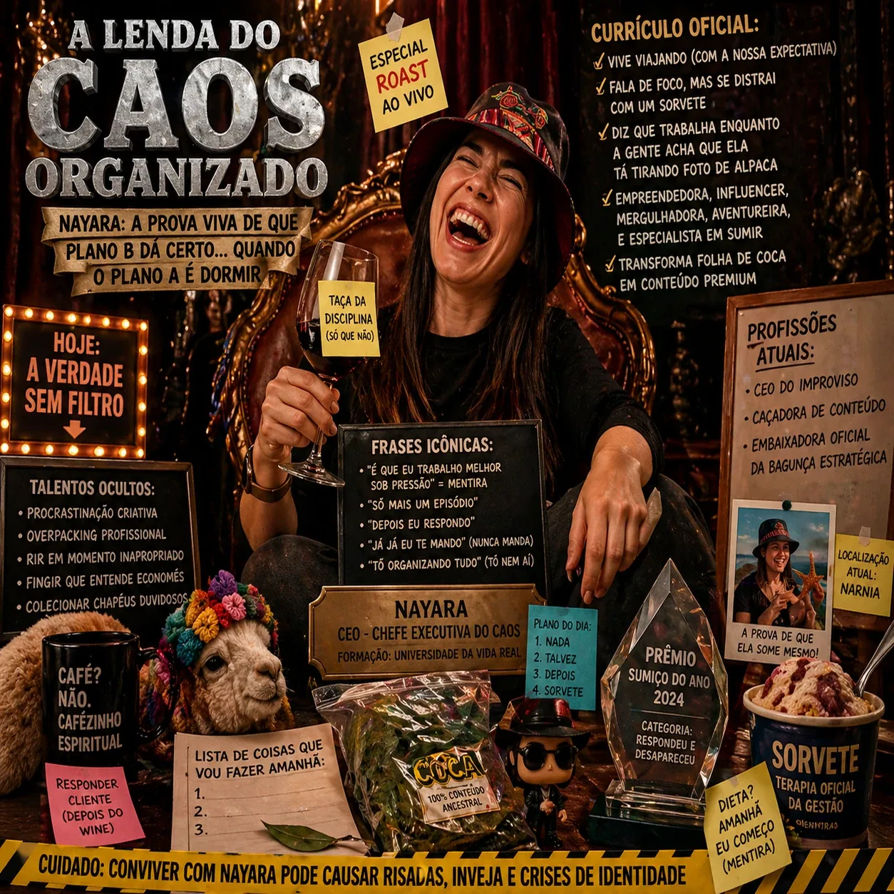Pôster humorístico de Nayara rindo entre placas, taça, alpaca de pelúcia, sorvete e prêmio de sumiço. — Roast visual sobre caos organizado e hábitos bem-humorados.