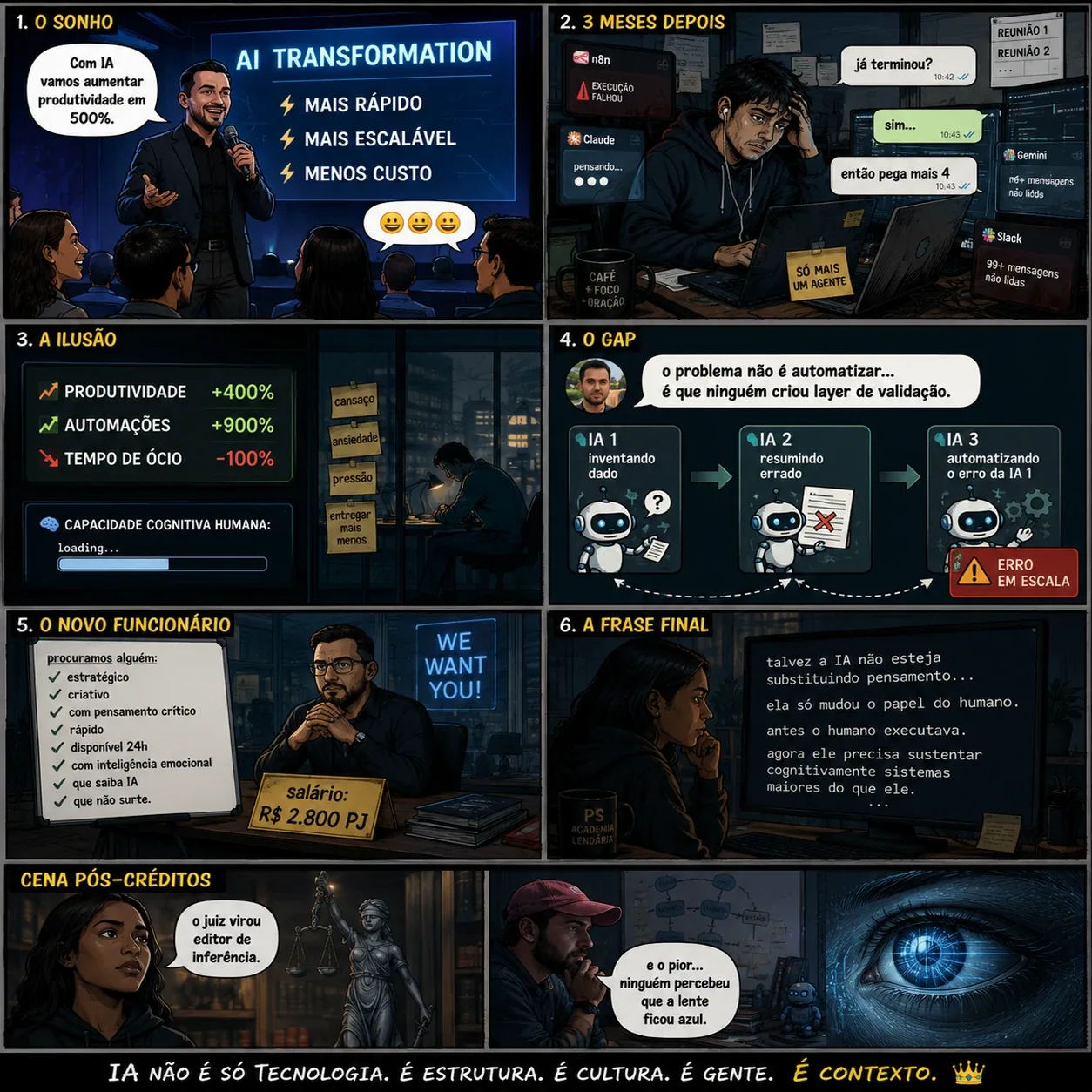Tirinha em painéis sobre IA, automação, produtividade, falhas, validação e papel humano no trabalho. — Crítica visual sobre IA sem contexto e validação humana.