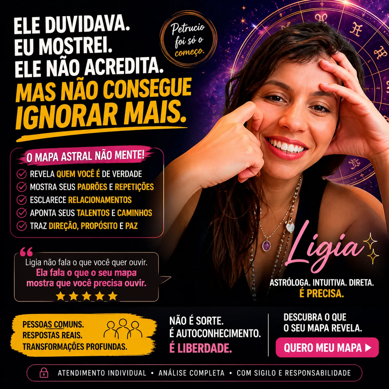 Arte promocional de mapa astral com mulher sorrindo e textos: “O mapa astral não mente” e “Quero meu mapa”. — O mapa astral não mente — e o Petrúcio tem provas impressas.