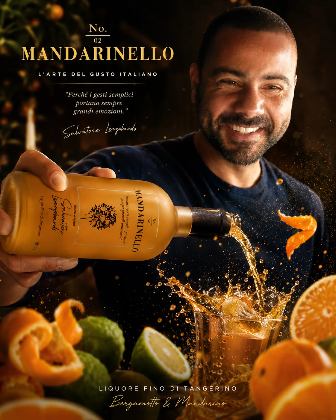 Homem sorrindo serve licor de tangerina em copo com gelo, cercado por frutas cítricas e rótulo Mandarinnello. — Anúncio visual de licor cítrico com laranja, bebida e splash.