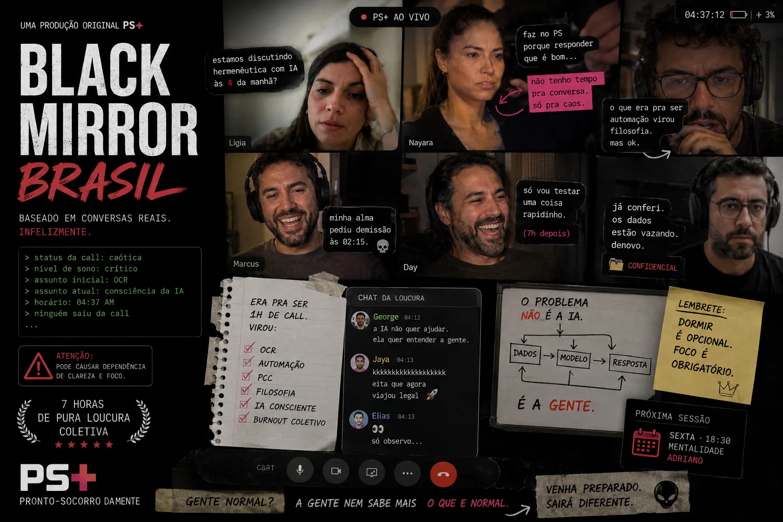 Montagem “Black Mirror Brasil” com videochamada caótica, anotações, alertas e texto “PS+ ao vivo” — Black Mirror Brasil — a distopia cotidiana das nossas longas noites de sincronia