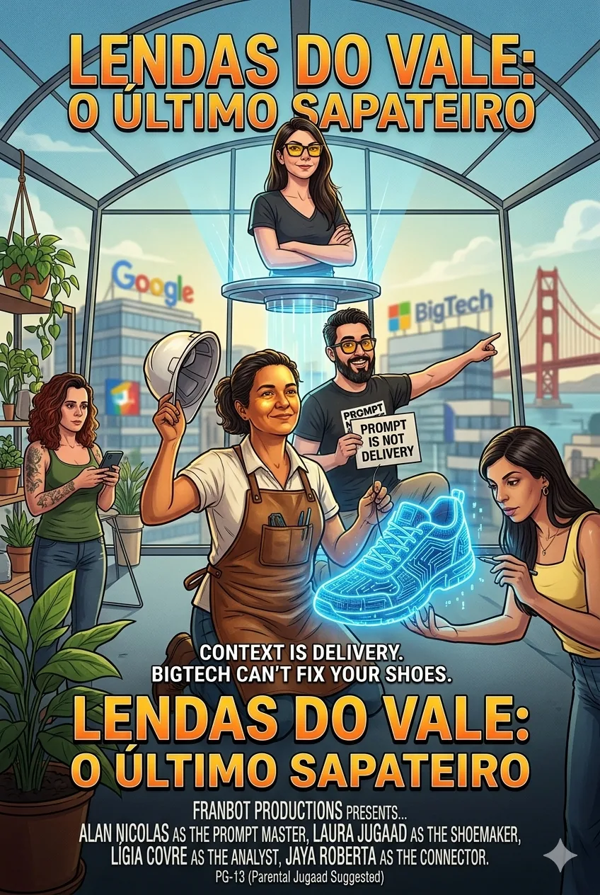 Pôster ilustrado: sapateira segura tênis holográfico; texto “Lendas do Vale: O Último Sapateiro”. — LGPD da IA: Petrúcio contra Day. O embate que transformou compliance em esporte 
