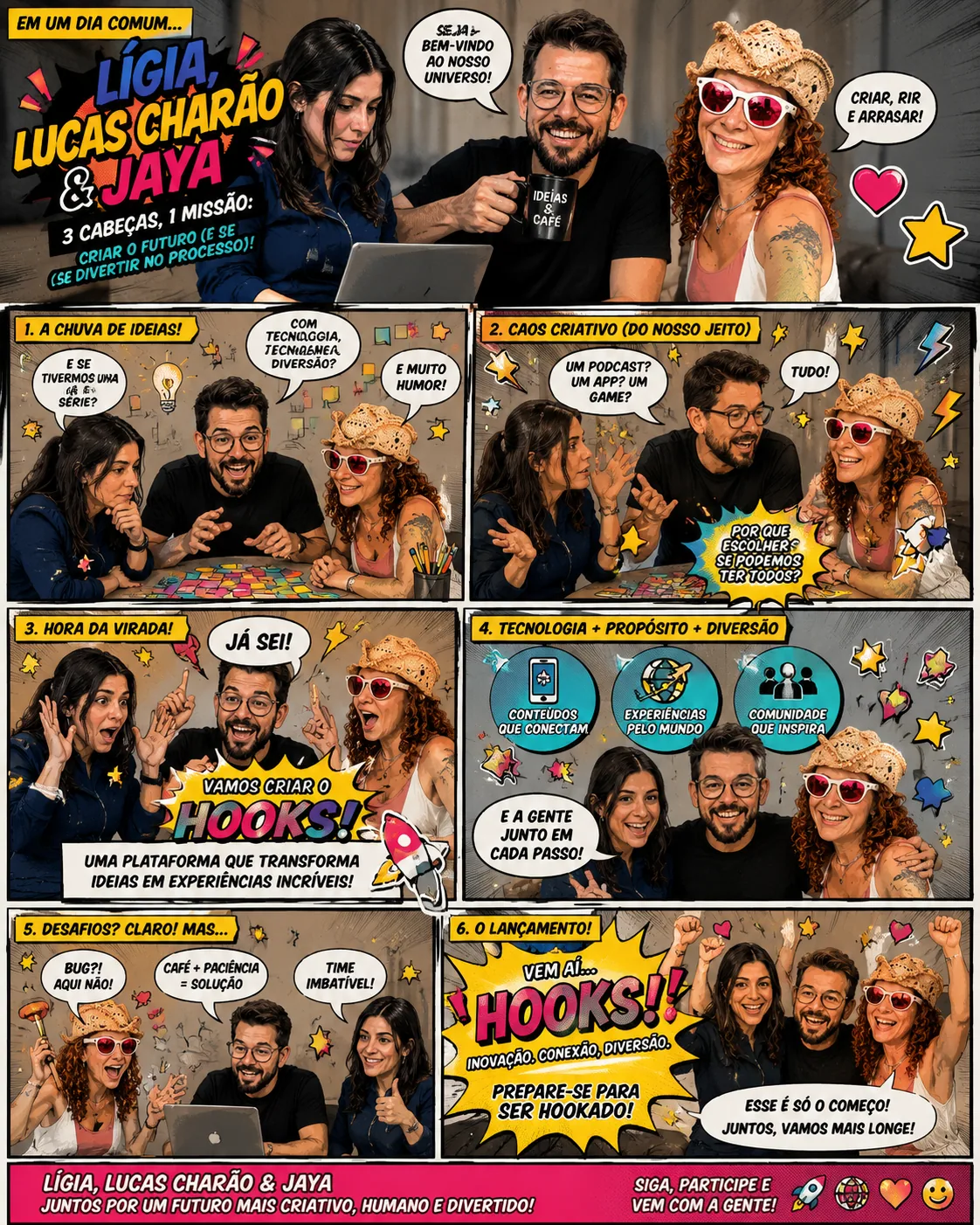 HQ colorida mostra trio criando HOOKS, com balões sobre ideias, tecnologia, diversão e lançamento. — Mentalidade é tudo — até a Lígia aparecer pagodeando no meio da tese. O PS não r