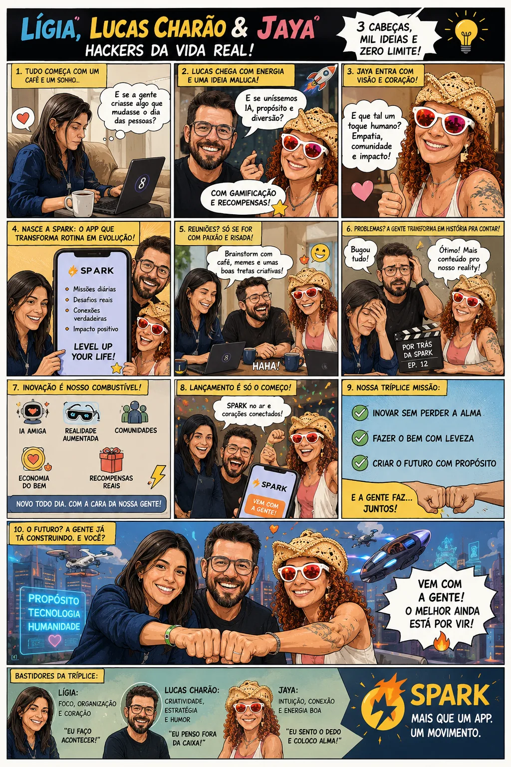 HQ colorida de três pessoas apresentando o app Spark: inovar, fazer o bem e criar futuro. — Spark não é app — é movimento. Lígia, Charão e Jaya em HQ: inovar sem perder a a