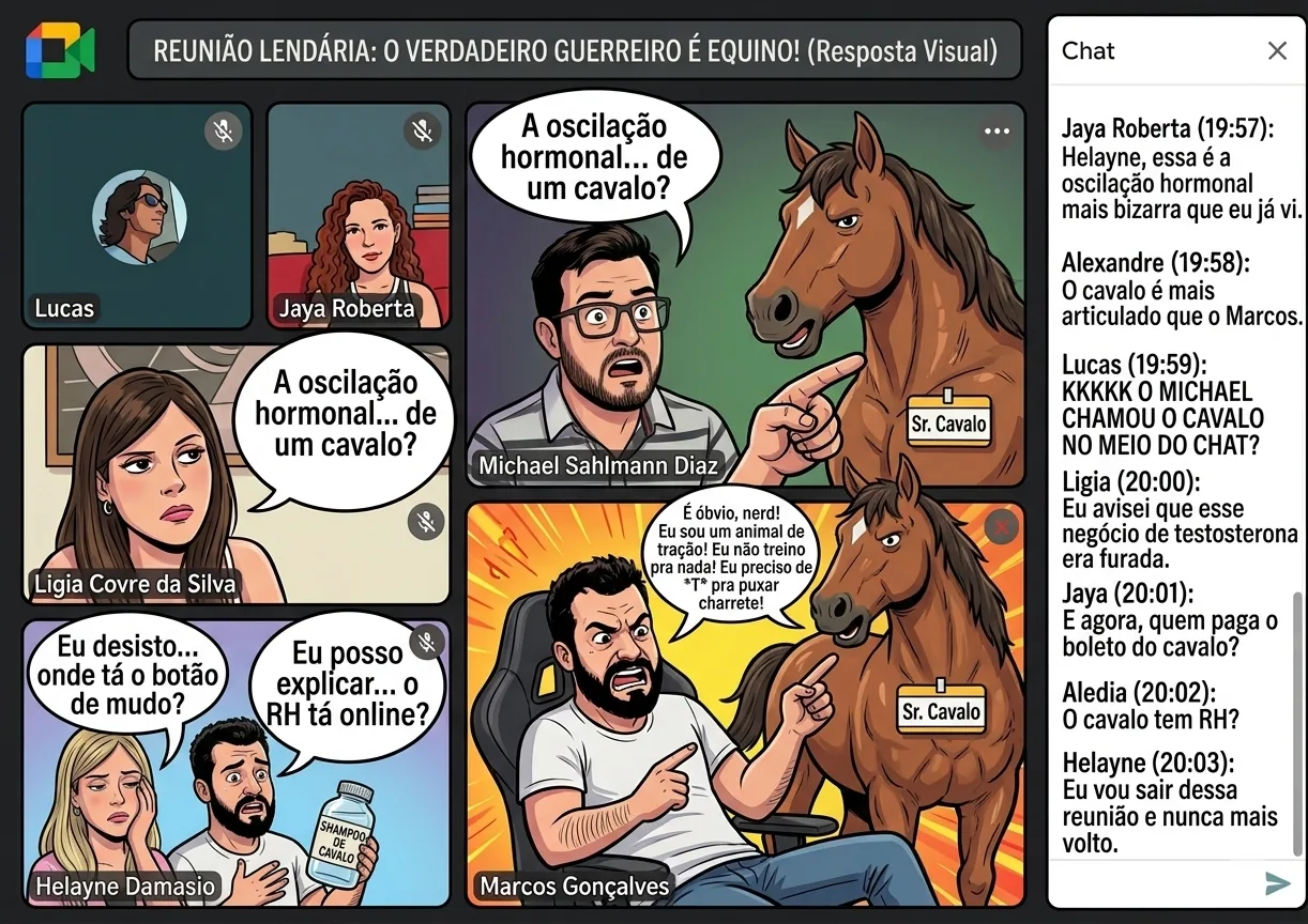 Charge de reunião online com um cavalo na chamada e balão: A oscilação hormonal... de um cavalo? — A reunião que decidiu no grito se o guerreiro é equino. A tese do cavalo virou p