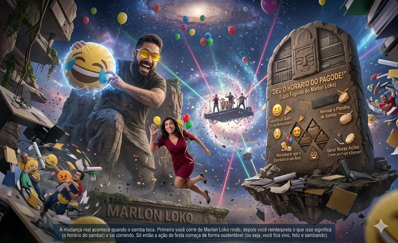 Homem com emoji chorando de rir em cena cósmica festiva; pedra diz “Deu o horário do pagode!” — Marlon Loko e os decifradores do pagode. Primeiro você corre, depois você reza, 
