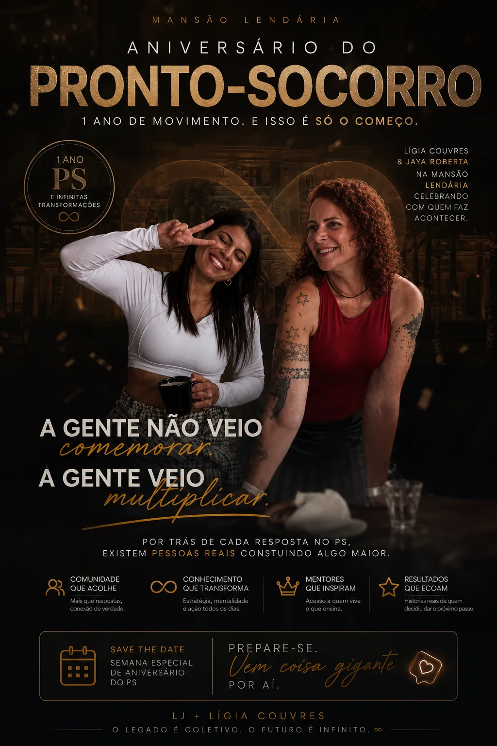 Cartaz escuro de aniversário do pronto-socorro com duas mulheres sorrindo e textos em dourado. — Aniversário do pronto-socorro com tom de celebração e legado coletivo.