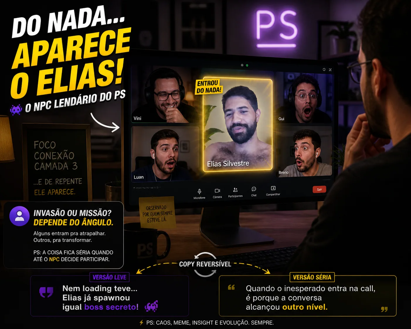Arte mostra call com Elias Silvestre em destaque, participantes surpresos e texto sobre entrada inesperada. — Elias aparece de surpresa em call com tom de meme e insight.