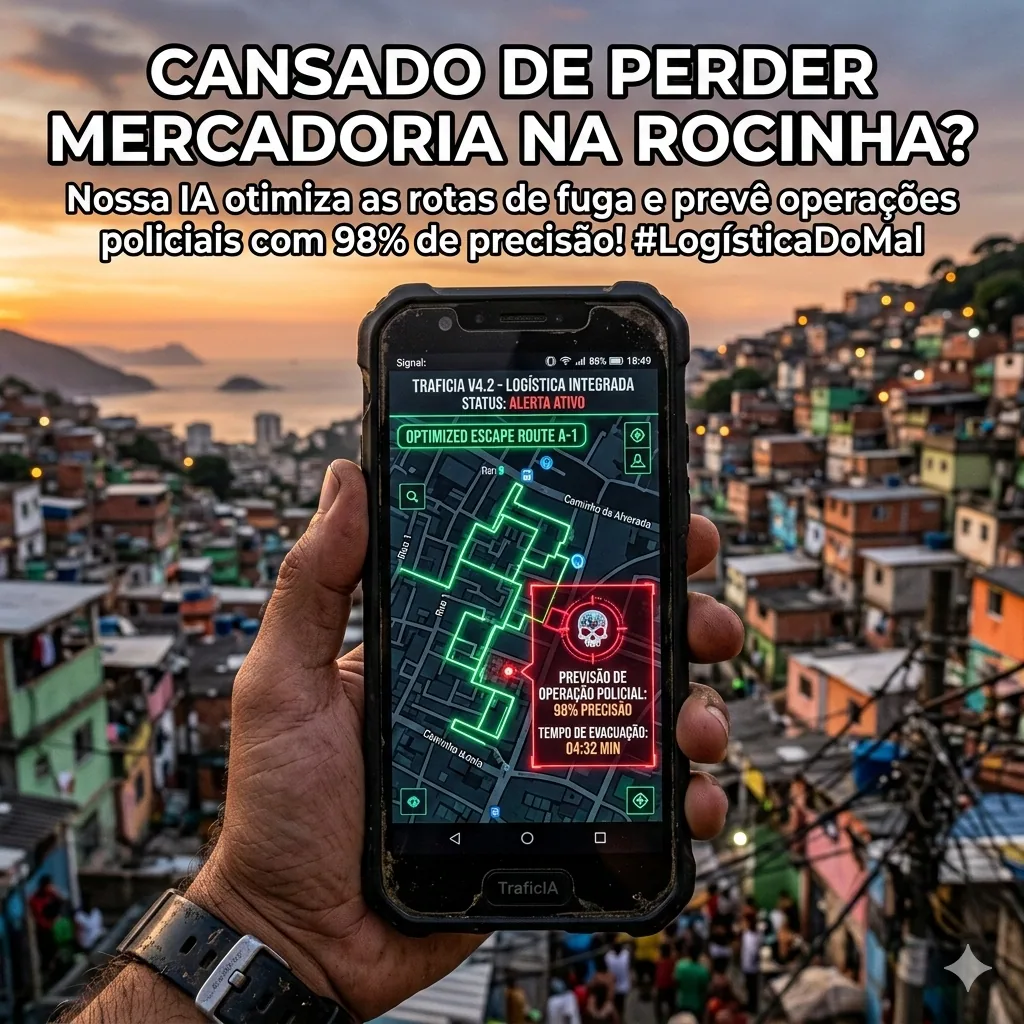Meme com celular exibindo mapa de fuga e texto: Cansado de perder mercadoria na Rocinha? — Cansado de perder mercadoria? O arquivo coletivo da Rocinha indexa absolutamente
