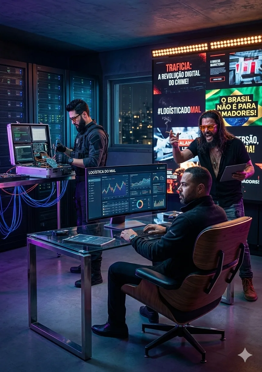 Três homens em sala com servidores e telas; painel exibe “Tráficia: a revolução digital do crime”. — A vibrante arquitetura visual e a identidade pulsante da Rocinha nos olhos do PS