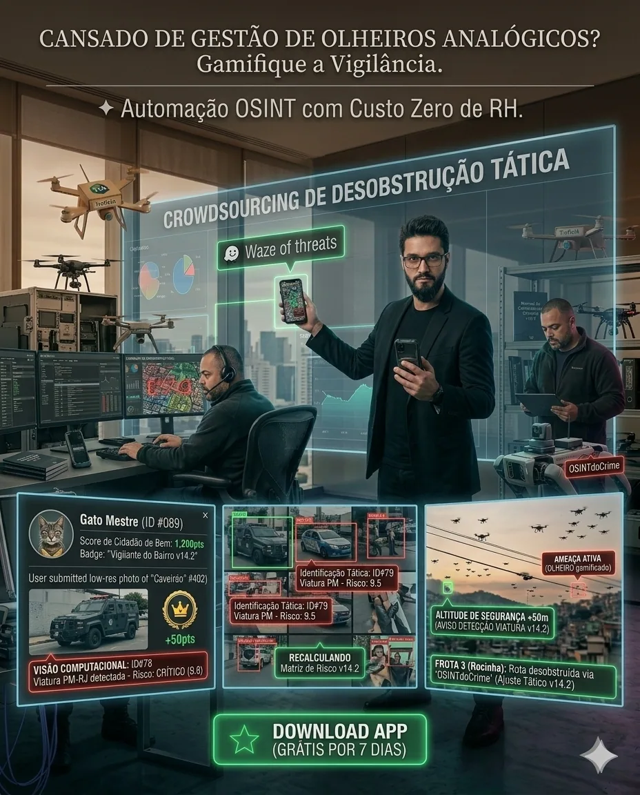 Arte de app OSINT com drones, painel “Crowdsourcing de desobstrução tática” e botão “Download app”. — PS na quebrada. Lendários em todo lugar.