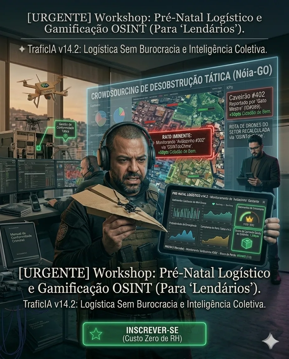 Arte de workshop urgente sobre pré-natal logístico e OSINT, com homem de headset e painéis de drones. — Contexto real, presença real. O PS na Rocinha, sem filtro e sem ensaio.