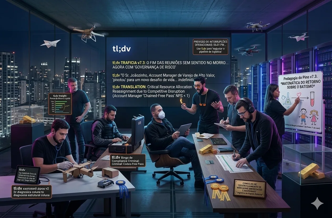 Escritório noturno com pessoas trabalhando, drones, servidores e telas com “tl;dv” e avisos de análise. — QG noturno da Rocinha no mapa do PS: drones, servidores e tl;dv rodando.