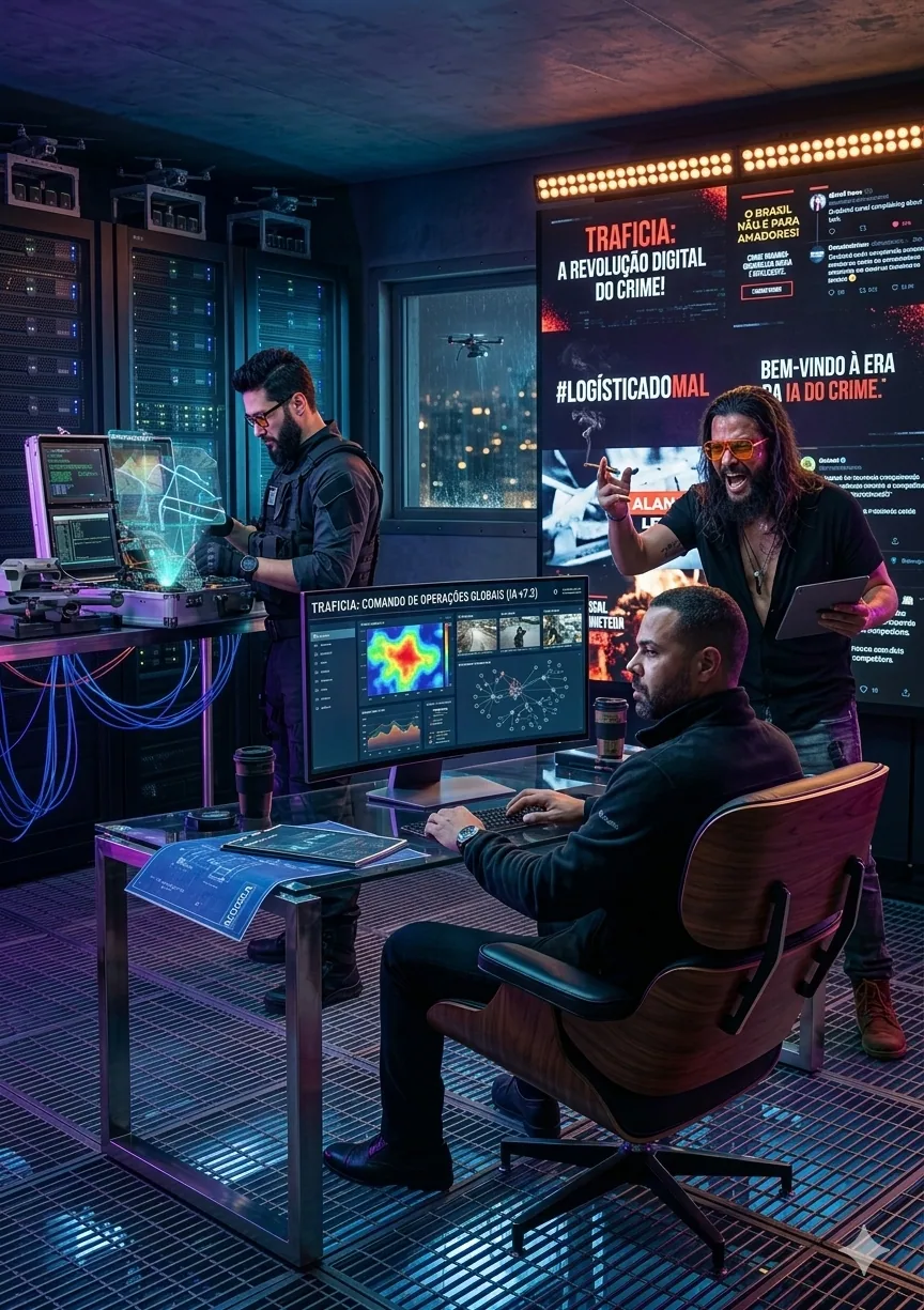 Três pessoas em sala tecnológica com monitores; painel exibe “TRAFICIA” e “#LOGÍSTICADOMAL”. — Onde a história acontece de verdade.